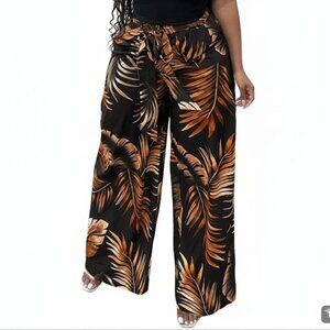 Vibrant Tropical Palm Leaf Wide Leg Pants - Size S
